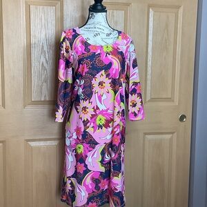 Katherine Way Pink Floral Long-Sleeve Shift Dress, Size L